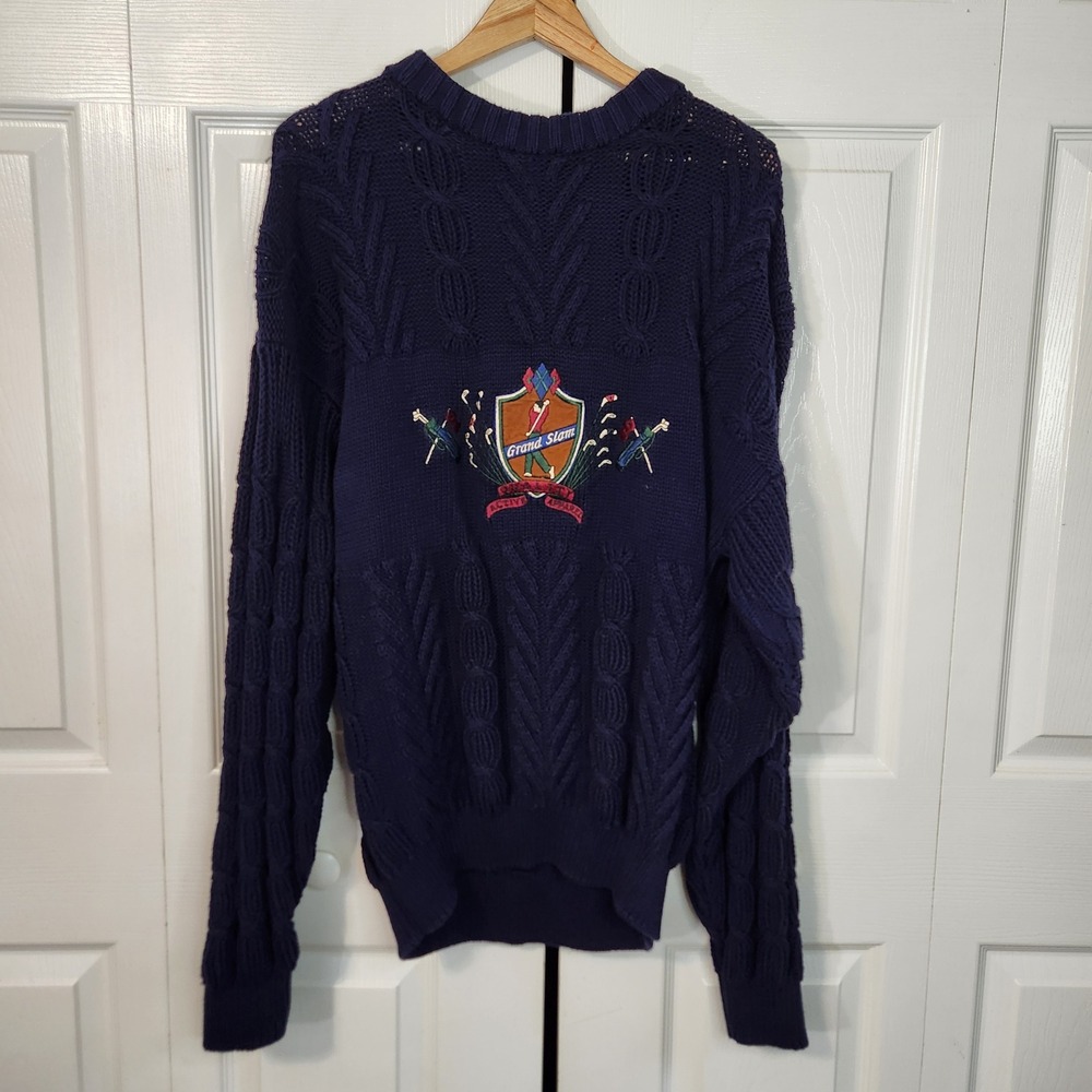Vintage Grand Slam Munsingwear Navy Blue Cable Knit Golf Sweater Mens Medium